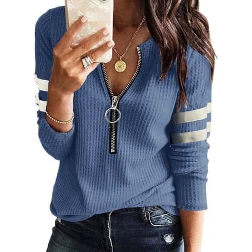 Autumn Women Zipper V Neck Knit Shirts Solid Color Stripe Print Long Sleeve Loose Pullover Female Tee Tops Ropa De Mujer