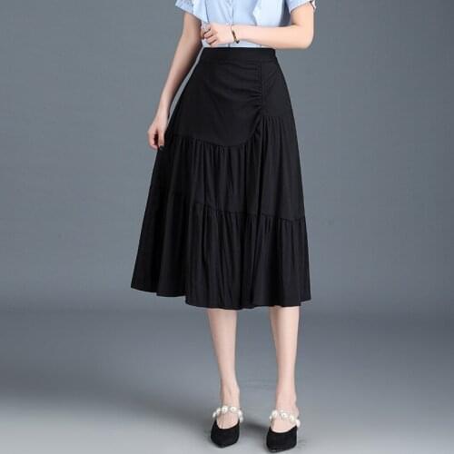 Women High Waist Gothic Black A-line Skirt 2021 Summer Elegant Chic Splice Folds Loose Casual Mid-long Skirts 2137