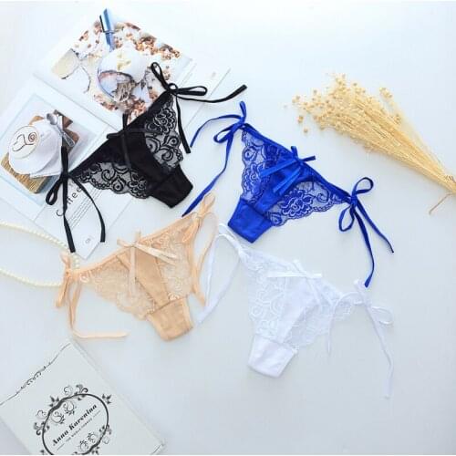 Female Cotton Tie Thongs Womens T-Shirts Panties Sexy Comfortable Lace Cutout G-String Panties