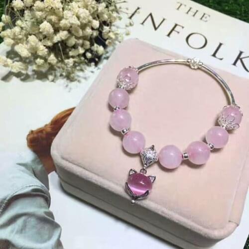 10mm Natural Pink Rose Quartz Bracelet From Madagascar Women Fox Pendant Stretch Crystal Stretch Round Beads Bracelet Jewelry