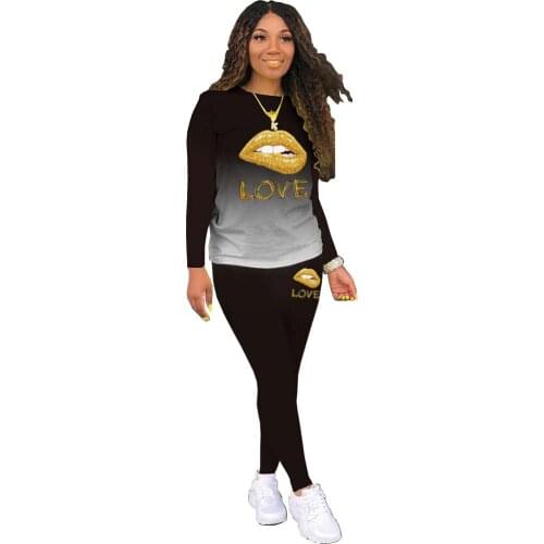 Womens pants set fashion lip printing casual two piece set outfits