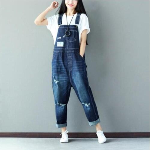 Denim Overalls For Women Loose Hole Jumpsuit Vintage Distressed Denim Jumpsuit Romper Loose Plus Size
