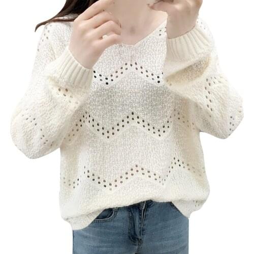 Stylish Bar Hollow Out Sweaters Women 2019 Autumn Winter Casual Thin Knitting V-Neck Tops Female Chic Bottoming Jumpers Sweater