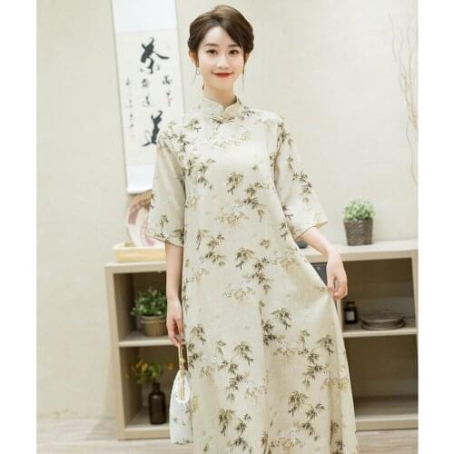 Ladies Summer New Vintage Floral Print Cheongsams 2021 Chinese Traditional Clothes for Women Loose Casual Hanfu Wedding Dress