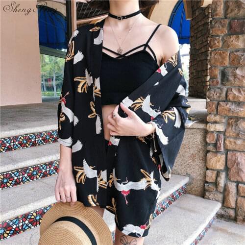 Japanese Traditional Kimonos Women Yukata Robe Long Kimono Print Haori Riding Coat Casual Streetwear G089