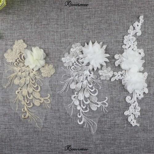 1Pc High-end European Root Yarn 3d Flower Embroidery Hand-sewn Flower Lace Wedding Dress Cloth Applique diy Clothing 23X14cm