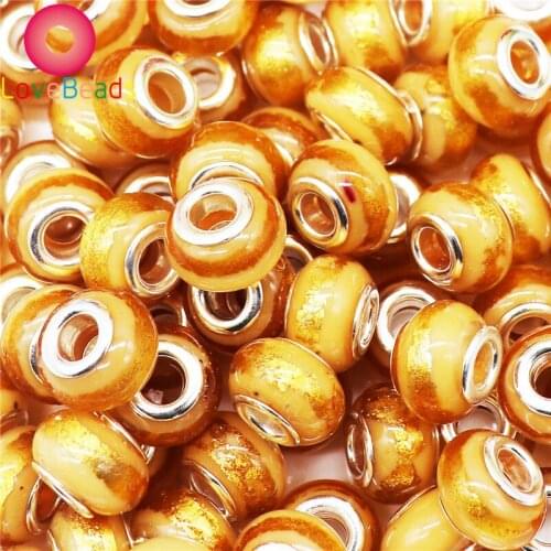 10pcs Gold Glitter Color Resin Murano Big Hole Spacer Beads Charms Fit Pandora Bracelet DIY Snake Chain Cord Stringing Jewelry