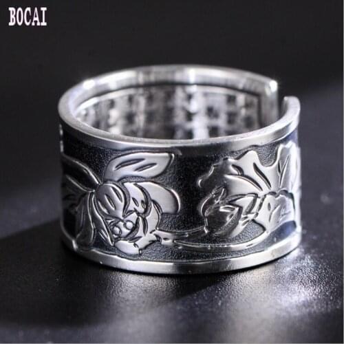 100% Real S999 sterling silver jewelry fashion ring Buddhist lotus heart open silver ring for men and women