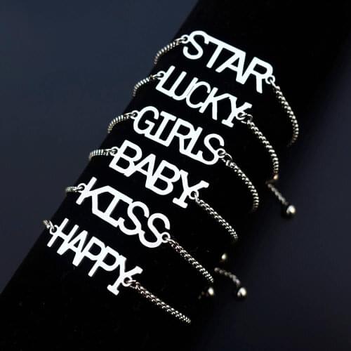 Girls Baby Bracelet Stainless Steel Wristband Star Lucky Kiss Happy Men Women Jewelry Adjustable Length 12pcs lot Mix Wholesale