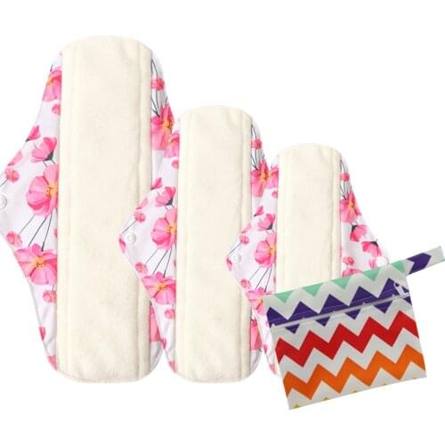 1S+1M+1L+Free Wet Bag) Reusable Washable Menstrual Pad Bamboo Cotton Cloth Panty Liner Cloth Sanitary Menstrual Pads