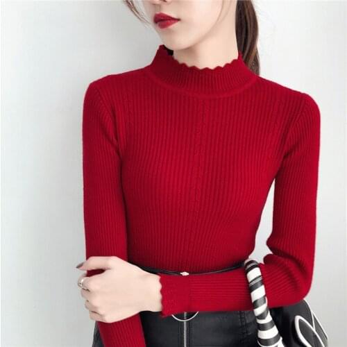 2020 Korean Fashion Women Sweaters and Pullovers Ruffled Sleeve Turtleneck Sweaters Jumper Solid Slim Sexy Elastic Women Tops