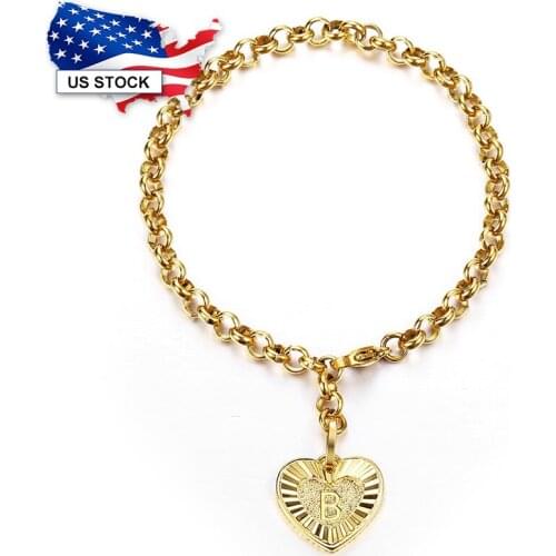 Heart Shaped Initial Letter A Z Charm Bracelet for Women Gold Color 5mm Stainless Steel Rolo Link Chain 8inch Adjustable LKB668