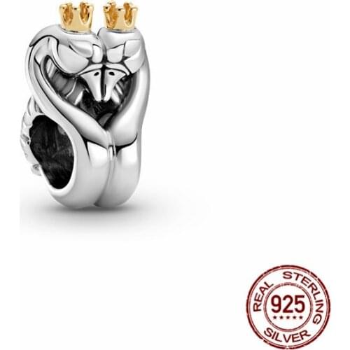 Sterling Silver Two-tone Swan & Heart Charm Fit Original 3mm Bracelet&Bangle For Women Birthday Fashion Jewelry Gift 2021 New925