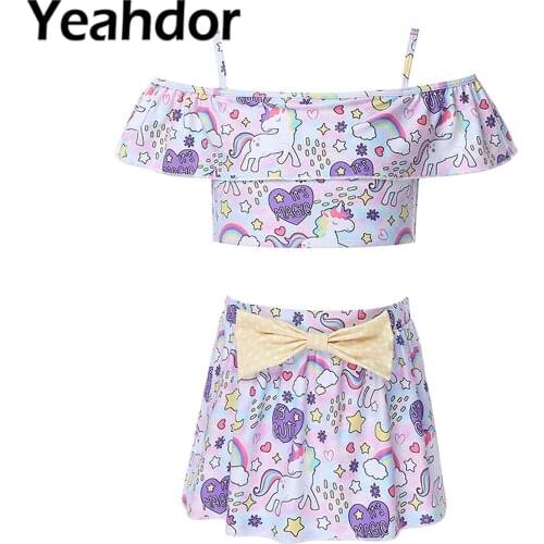 Kids Girls Two Pieces Swimwear Swimming Suits Spaghetti Straps Ruffle Hem Crop Tops and Skirt Built-in Briefs Set Beachwear