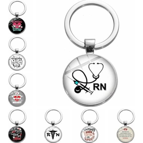 FIMAODZ Medical Nurse Keychain Syringe Stethoscope Photo Doctor Glass Cabochon Metal Pendant Students Gifts Key Chain Holder