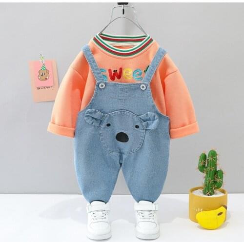 2021 Autumn Spring Baby Boys Girls Clothes Sets New Fashion Cute Toddler Letter Tops+Denim Suspenders Kids Cotton 3pcs Outfits