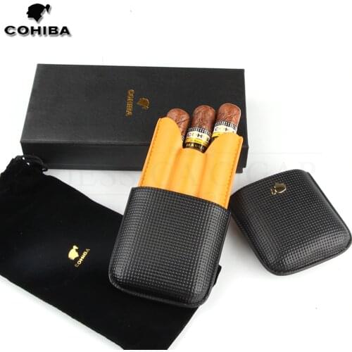 COHIBA Cigar Leather Case Portable Travel Cigar Humidor Puros Outdoor Sigar Case Box For 3 Cigars Holder Tubes W/ Gift Box