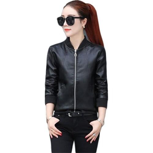 Faux leather jacket women black plus size 2020 spring autumn new long sleeve zipper short slim v neck casual PU moto coat LD1272