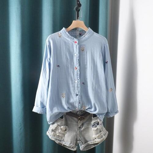 Lamtrip Quality Bunny Rabbit Embroidery Ruffled Collar Long Sleeve Cotton Yarn Shirt Blouse Women Top
