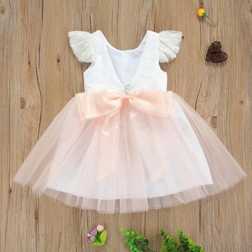 1-7Years Princess Summer Kids Girls Party DressY Lace Ruffles Sleeve Solid Bowknot Knee Length Tutu Dress