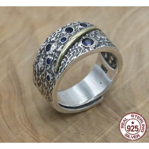 100% S925 sterling silver mens ring personality fashion retro jewelry inlaid with meteorite star shape to send gifts for lovers