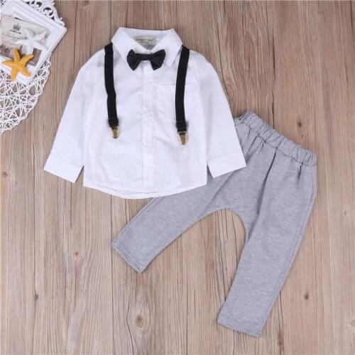 Toddler Baby Boys Clothes Gentleman Long Sleeve Single Breasted White Shirt Tops + Pants Overalls Outfit 0-24M