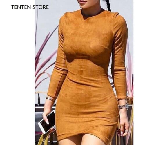 Fall womens sexy bodycon sueded dresses ladies long sleeve high waist crew neck skinny stretch dress fitness female grey brown
