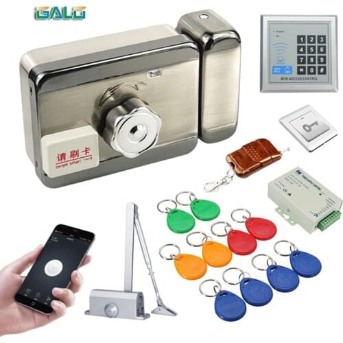 Smart Wifi Control Door Access Control System Kit RFID Keypad + Power Supply + Electric Rim Lock Closer Door + Tags Keyfobs Kits