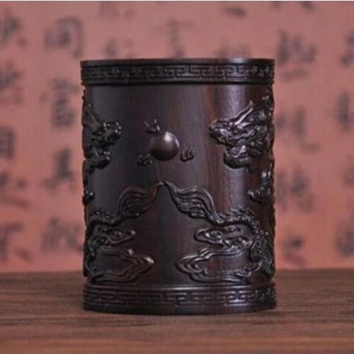 Details about China Solid wood carving Ssangyong play pearl Brush Pot Pencil Vase
