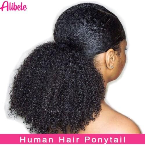Alibele Mogolian Afro Kinky Curly Drawstring Ponytail Extensions 4B 4C Remy 8-20 inch Long Clip In Ponytail Human Hair Extension