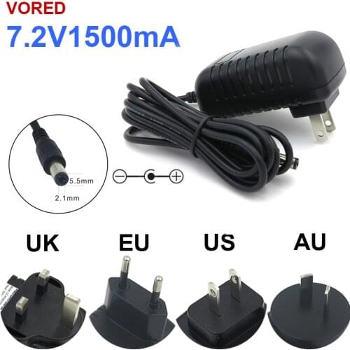 VORED 1PCS 7.2V 1500mA/1.5A Power Supply Adapter US/EU/UK/AU Plug Charger Converter Lithium battery 5.5*2.1mm Free Shipping