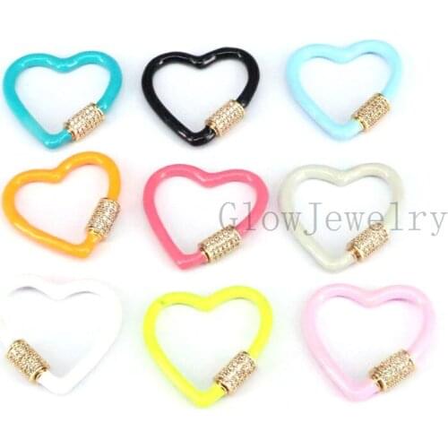 5PCS, New Fashion Colourful enamel Screw on heart CZ paved Lock Clasp for metal chain and cord