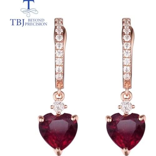 TBJ,natural gemstone ruby heart 8 mm 925 sterling silver rose color clasp earring fashion jewelry for girl nice gift with box