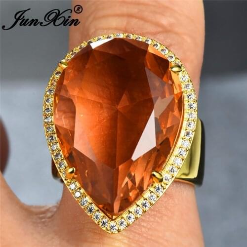JUNXIN Female Champagne Crystal Big Stone Rings For Women Yellow Gold Filled Large Pear Cut Teardrop Zircon Wedding Ring Jewelry