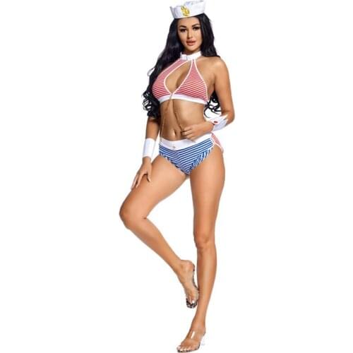 Striped Beach Bikini Woman Halloween Sailor Costumes Female Navy Cosplay Carnival Purim Nightclub Bar Role Play Show Party Dress