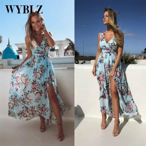 V-neck Floral Printed Women Dress Female Sexy Boho Holiday Vintage Long Maxi Dress Stylish Evening Party Split Dresses Vestidos