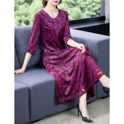 Spring Summer Vintage Casual Women Embroidery Flower Dobby Flower Long Dress , Woman Clothes Purple Slim 4xl 5xl Dresses