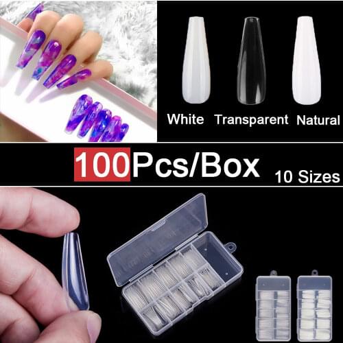 100pcs/box Press on False Nails Long Clear Coffin False Nails Tips Full Cover Acrylic Fake Nails 10 Sizes Ballerina nails