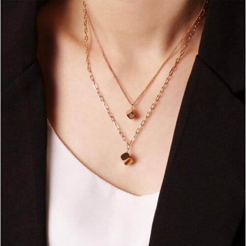 316L Stainless Steel 2021 New Fashion Upscale Jewelry 2 Layer Cube Geometric Charms Chain Choker Necklaces Pendants For Women