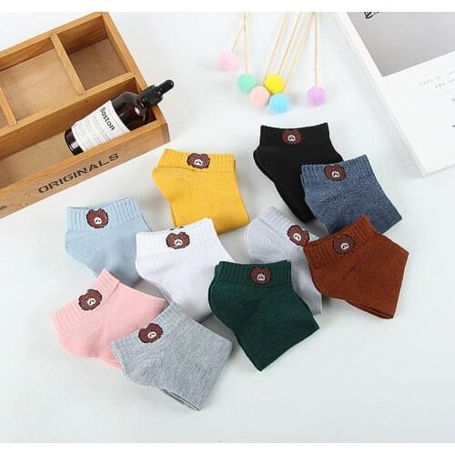 5 Pair Little bear Kawaii Women Socks Happy Fashion Ankle Funny Harajuku Socks Women Cotton Embroidered Solid Color