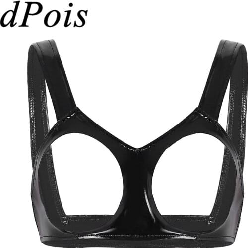 Women Sexy Lingerie Bra Cut Out Breast Underwear Faux Leather Open Cups Bralette Erotic Leather Wire-free Unlined Hot Bra Tops