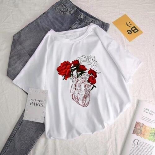 Ulzzang Vintage Art Aesthetics Flower Heart Personality Print Female T-Shirt Summer Harajuku INS Fun Loose Casual Womens Tops