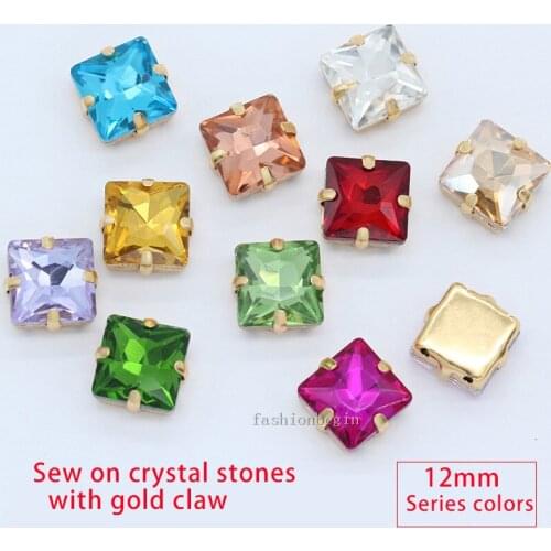 8/10 12mm square sewing Glass stone Flatback sew on crystal Rhinestone jewels Gold plated Montees button for Wedding Dress Trim