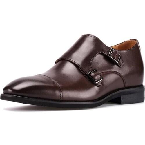 New Men Leather Monk Straps Buckle Height Increasing Shoes with Cap Toe Taller Height 6cm for Wedding Party
