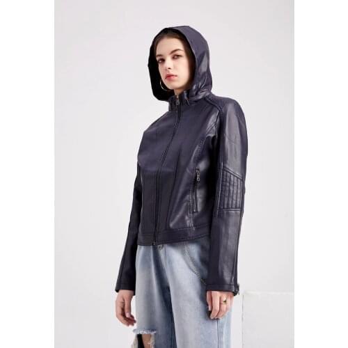 Autumn Jacket and Coats Women Faux Leather Slim Thin Long Sleeve Outwear Hooded Collar Chic Winter Classic Short Jaqueta C2764
