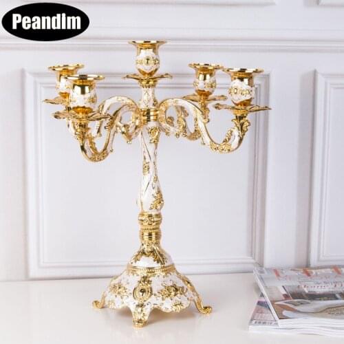 PEANDIM Gold Plated European Style Candlestick 5-Arms Candle Holder Wedding Table Candelabra Candle Stand For Anniversary Gifts