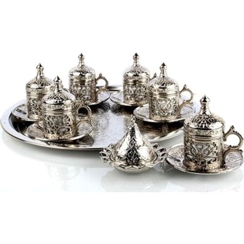 Handmade authentic Design Turkish Greek Arabic Coffee Espresso Set for 6 Service Cups Saucers Lids Tray Delight Candy Dish GIFT