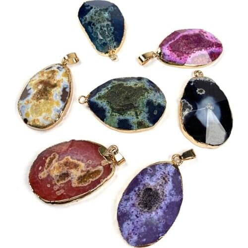 Natural Agates Pendant Irregular Colorful Geode Agates Stone Charms Gold Plated Edge for Jewelry Making Necklace Bracelet Gift