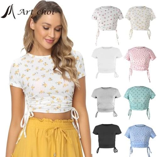 Sexy Women Pleated Bandage T Shirt Summer Short Sleeve Casual Crop Top Side Drawstring Leisure Basic Bodycon Tees O-Neck Outfits