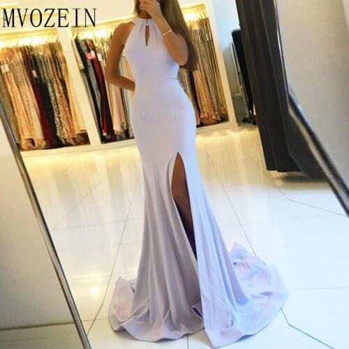 Sexy Backless Side Slit Mermaid Halter Lilac Prom Dress 2019 Floor Length Custom Long Evening Prom Dresses